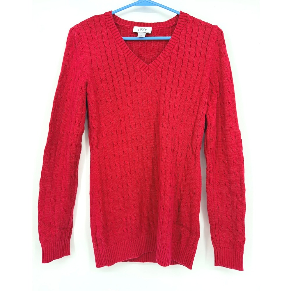 Ann‎ Taylor Loft Womens Red Cable Knit V-Neck Cotton Sweater XS Long Sleeve